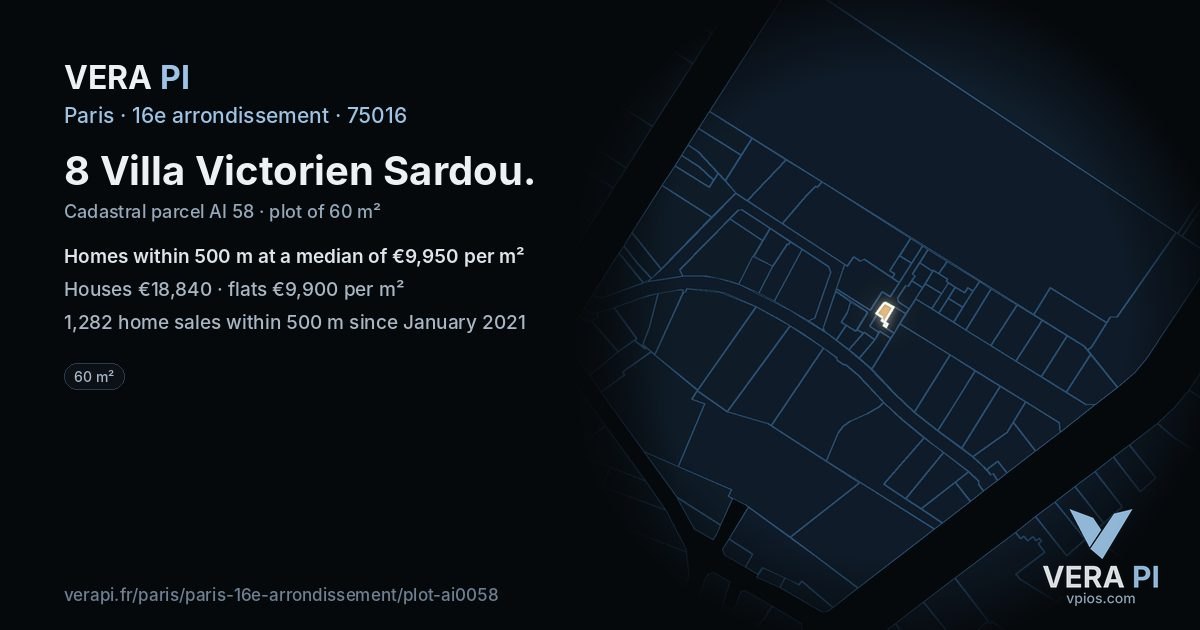8 Villa Victorien Sardou, 16e arrondissement at night – the plot lit, the parcels around coloured by the prices near them