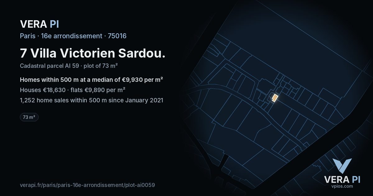 7 Villa Victorien Sardou, 16e arrondissement at night – the plot lit, the parcels around coloured by the prices near them