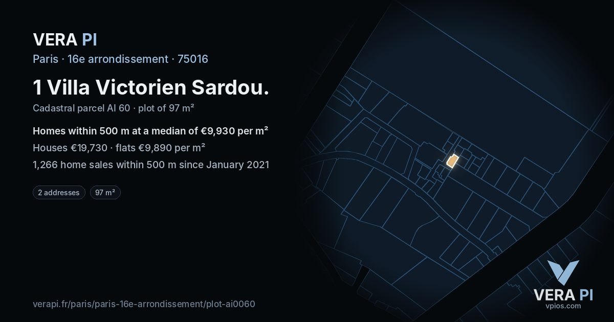 1 Villa Victorien Sardou, 16e arrondissement at night – the plot lit, the parcels around coloured by the prices near them