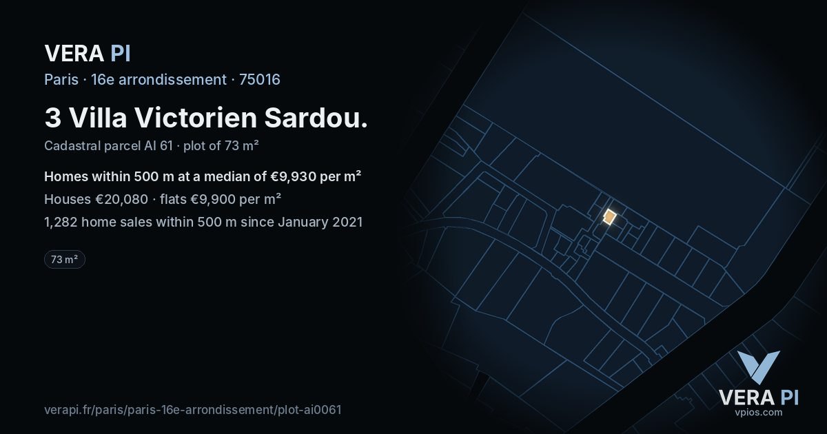 3 Villa Victorien Sardou, 16e arrondissement at night – the plot lit, the parcels around coloured by the prices near them