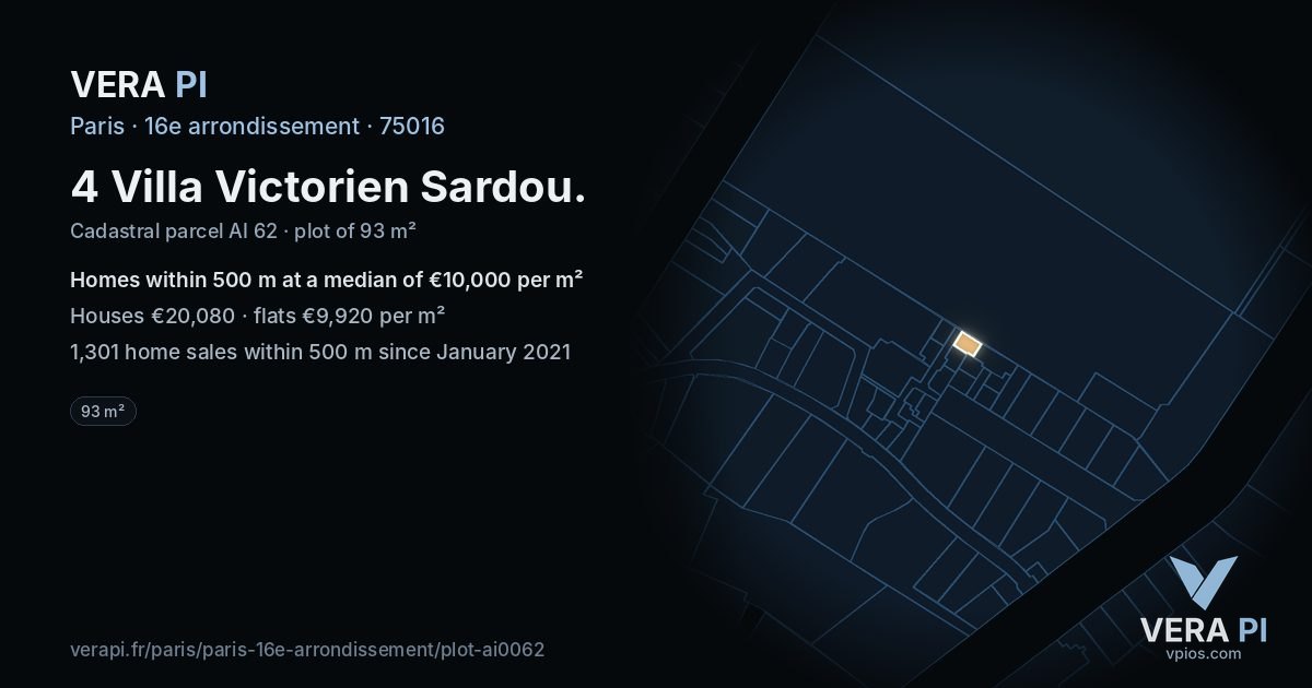 4 Villa Victorien Sardou, 16e arrondissement at night – the plot lit, the parcels around coloured by the prices near them