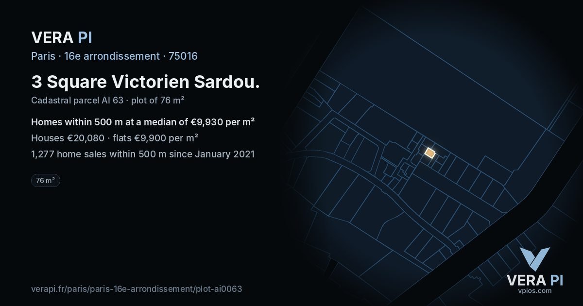 3 Square Victorien Sardou, 16e arrondissement at night – the plot lit, the parcels around coloured by the prices near them