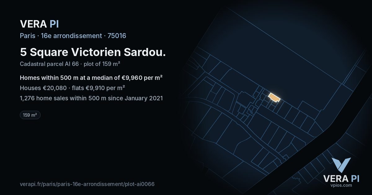 5 Square Victorien Sardou, 16e arrondissement at night – the plot lit, the parcels around coloured by the prices near them