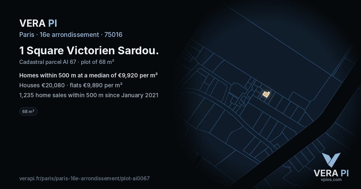 1 Square Victorien Sardou, 16e arrondissement at night – the plot lit, the parcels around coloured by the prices near them