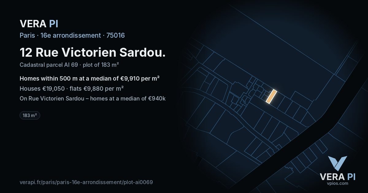 12 Rue Victorien Sardou, 16e arrondissement at night – the plot lit, the parcels around coloured by the prices near them