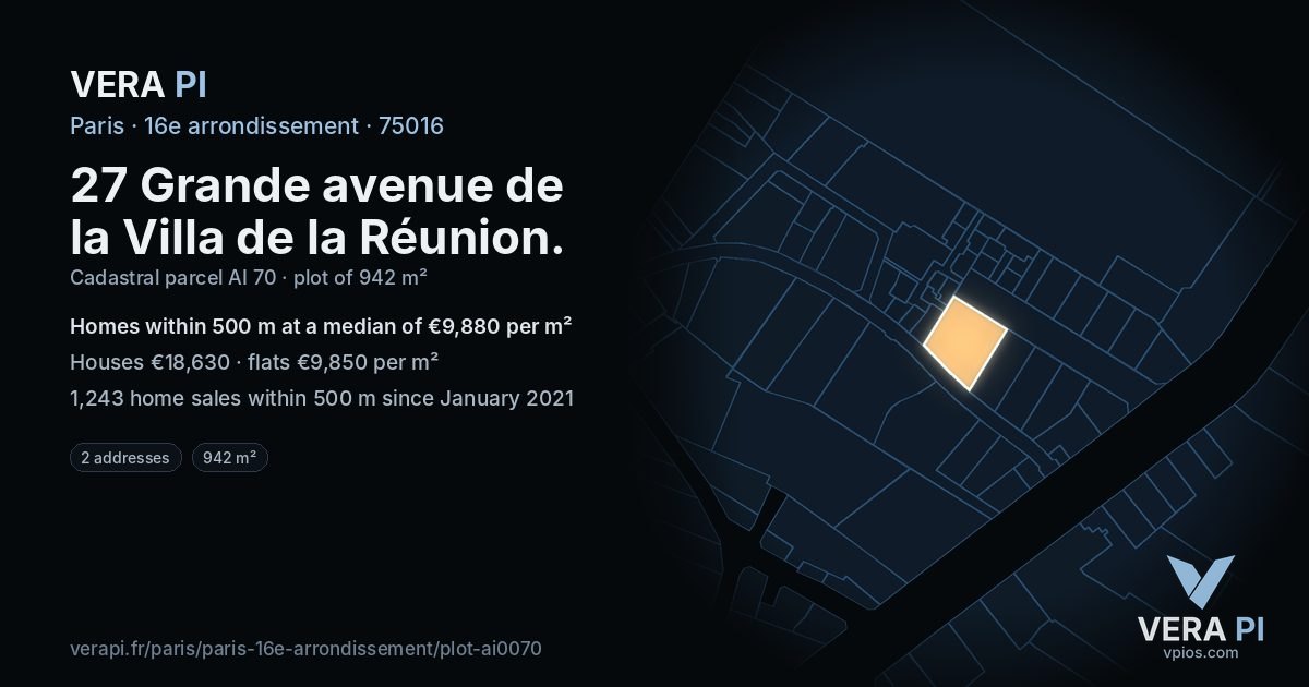 27 Grande avenue de la Villa de la Réunion, 16e arrondissement at night – the plot lit, the parcels around coloured by the prices near them