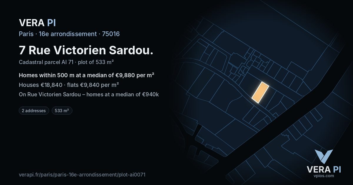 7 Rue Victorien Sardou, 16e arrondissement at night – the plot lit, the parcels around coloured by the prices near them