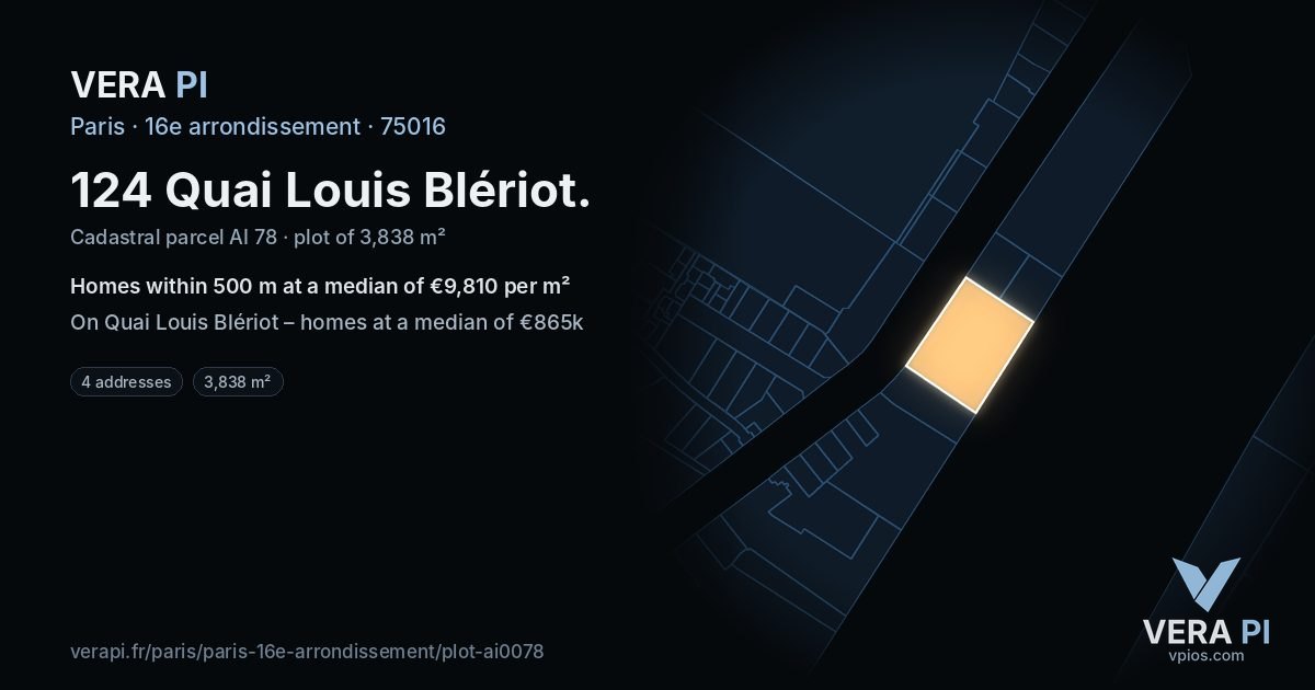 124 Quai Louis Blériot, 16e arrondissement at night – the plot lit, the parcels around coloured by the prices near them