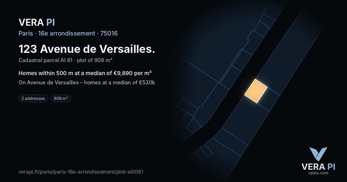123 Avenue de Versailles, 16e arrondissement at night – the plot lit, the parcels around coloured by the prices near them