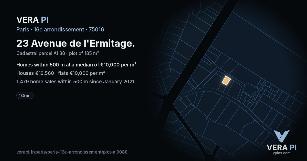 23 Avenue de l'Ermitage, 16e arrondissement at night – the plot lit, the parcels around coloured by the prices near them