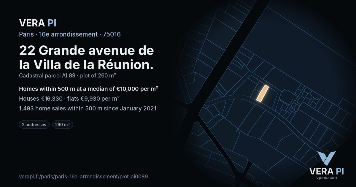 22 Grande avenue de la Villa de la Réunion, 16e arrondissement at night – the plot lit, the parcels around coloured by the prices near them
