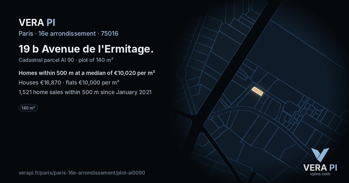 19 b Avenue de l'Ermitage, 16e arrondissement at night – the plot lit, the parcels around coloured by the prices near them