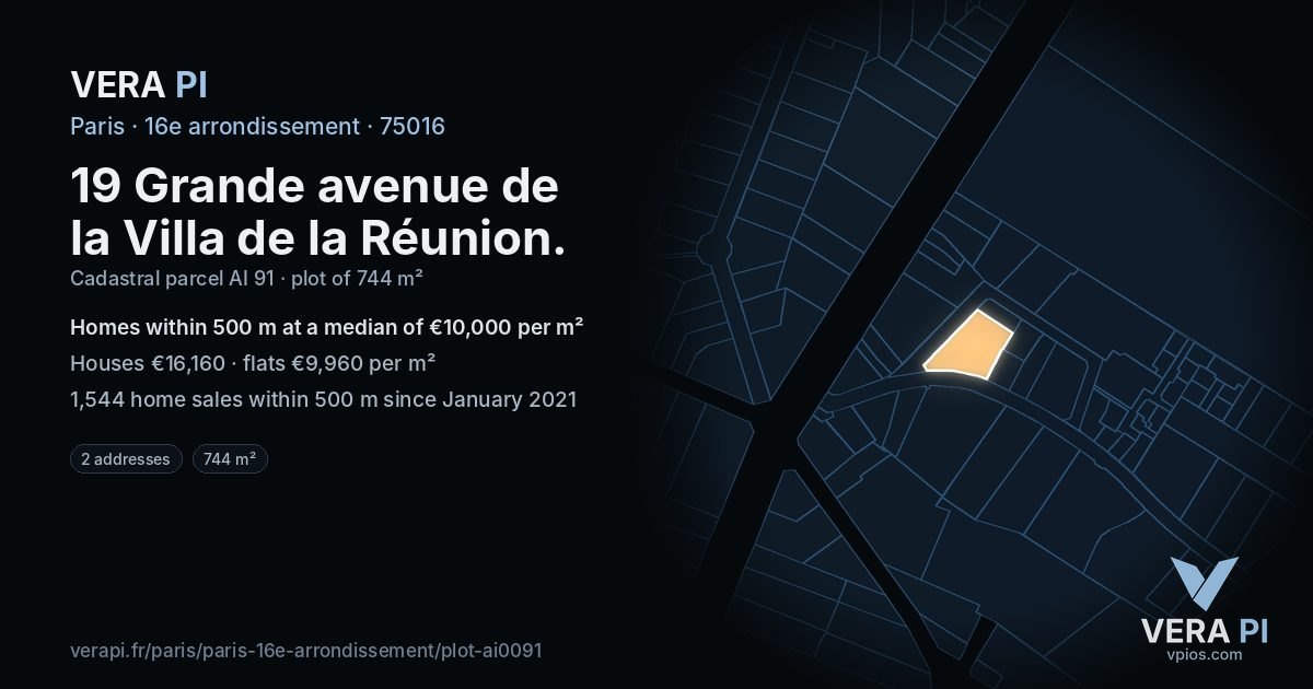 19 Grande avenue de la Villa de la Réunion, 16e arrondissement at night – the plot lit, the parcels around coloured by the prices near them