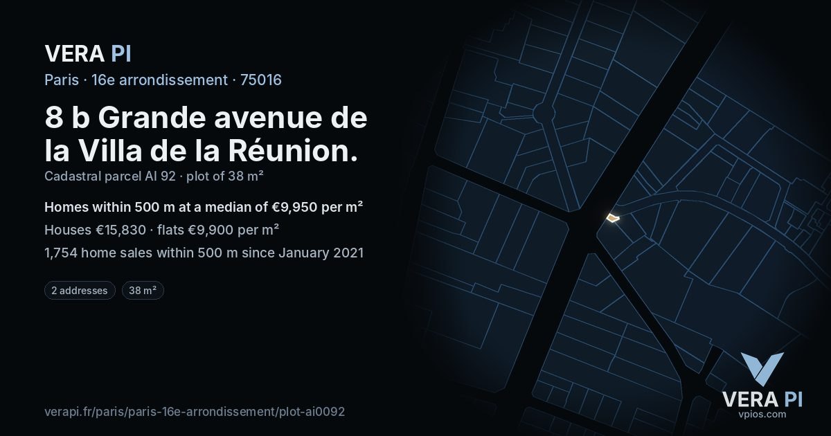 8 b Grande avenue de la Villa de la Réunion, 16e arrondissement at night – the plot lit, the parcels around coloured by the prices near them
