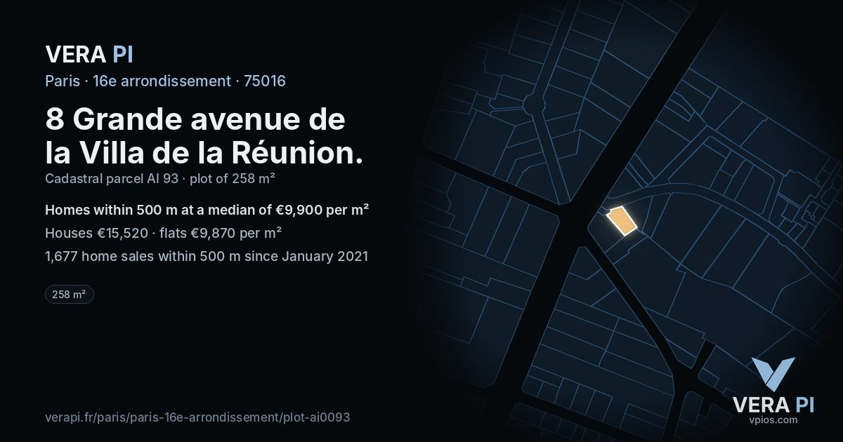 8 Grande avenue de la Villa de la Réunion, 16e arrondissement at night – the plot lit, the parcels around coloured by the prices near them
