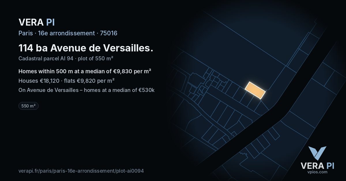 114 ba Avenue de Versailles, 16e arrondissement at night – the plot lit, the parcels around coloured by the prices near them
