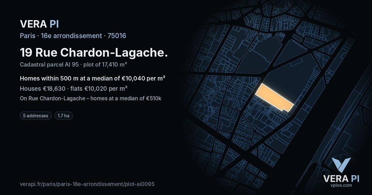 19 Rue Chardon-Lagache, 16e arrondissement at night – the plot lit, the parcels around coloured by the prices near them