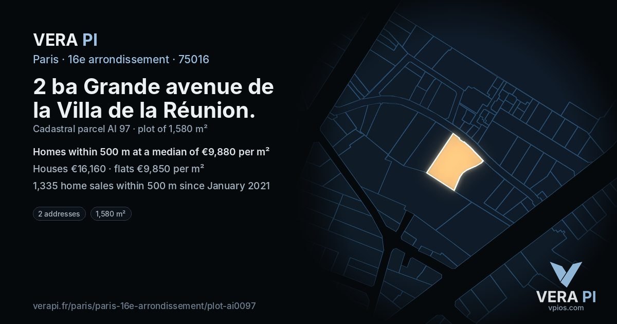 2 ba Grande avenue de la Villa de la Réunion, 16e arrondissement at night – the plot lit, the parcels around coloured by the prices near them