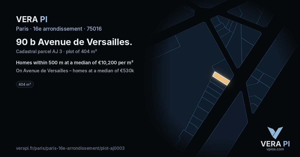 90 b Avenue de Versailles, 16e arrondissement at night – the plot lit, the parcels around coloured by the prices near them