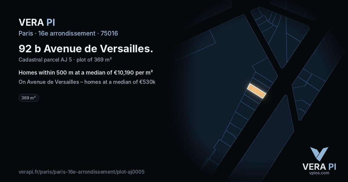 92 b Avenue de Versailles, 16e arrondissement at night – the plot lit, the parcels around coloured by the prices near them