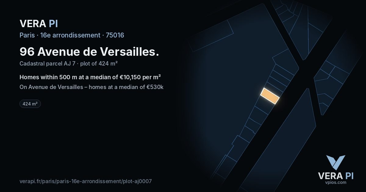 96 Avenue de Versailles, 16e arrondissement at night – the plot lit, the parcels around coloured by the prices near them