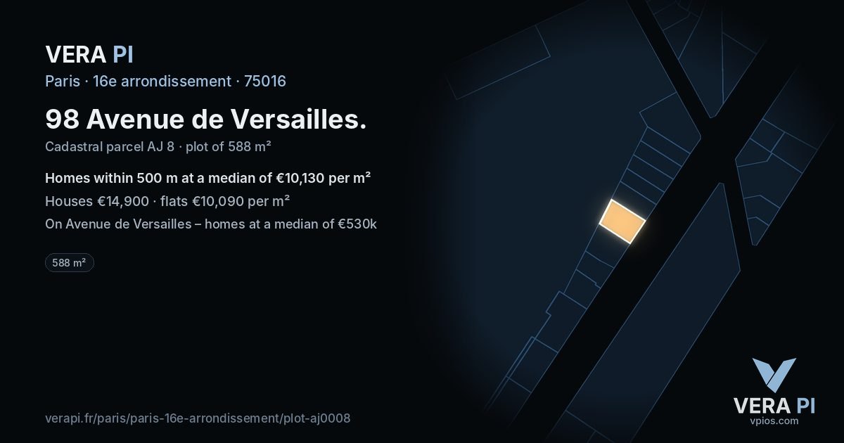 98 Avenue de Versailles, 16e arrondissement at night – the plot lit, the parcels around coloured by the prices near them