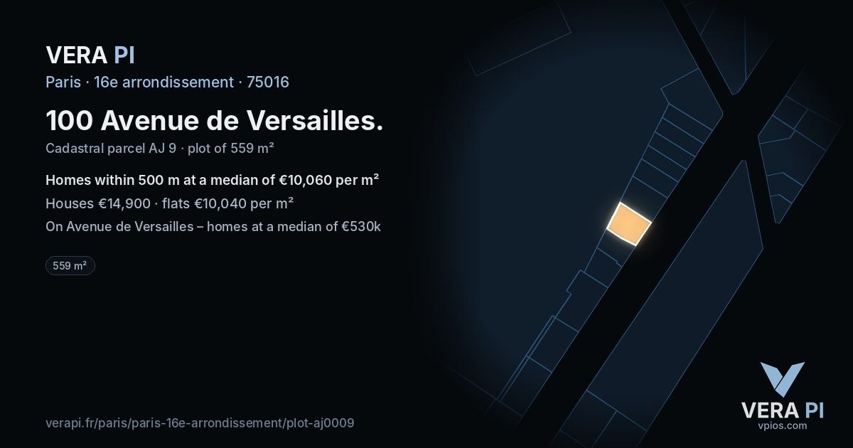 100 Avenue de Versailles, 16e arrondissement at night – the plot lit, the parcels around coloured by the prices near them