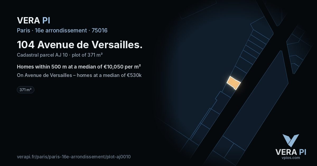 104 Avenue de Versailles, 16e arrondissement at night – the plot lit, the parcels around coloured by the prices near them