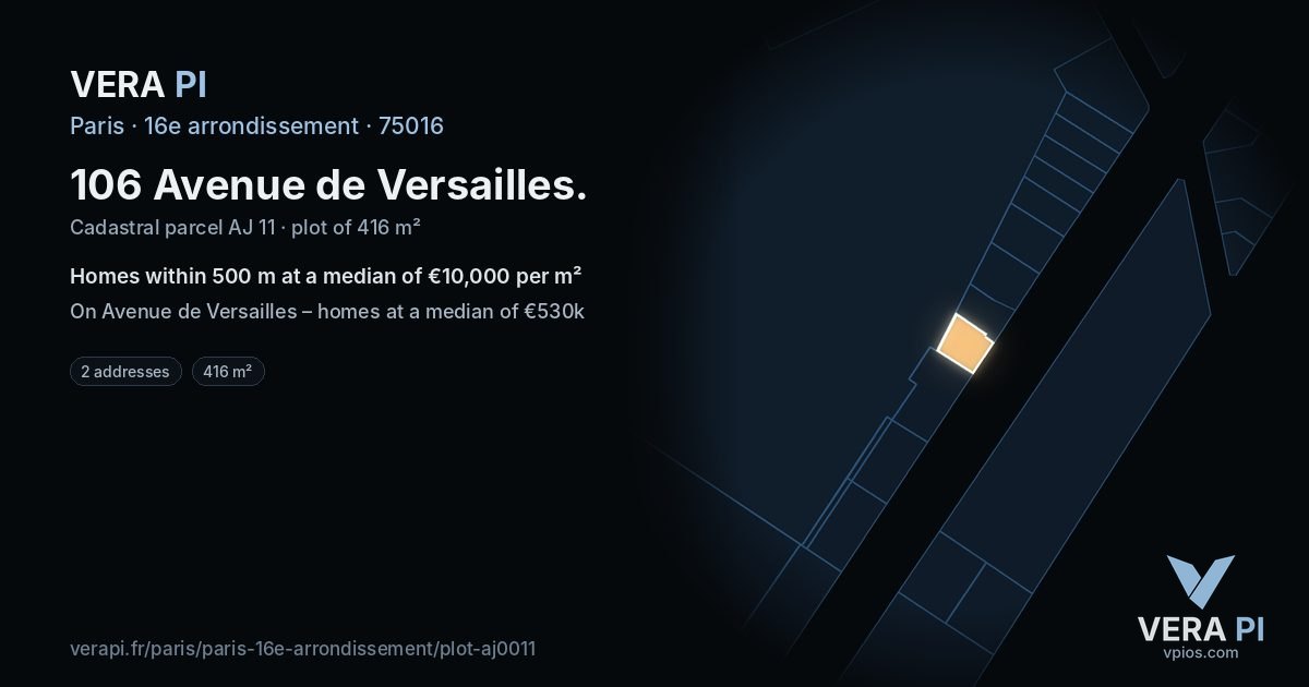 106 Avenue de Versailles, 16e arrondissement at night – the plot lit, the parcels around coloured by the prices near them
