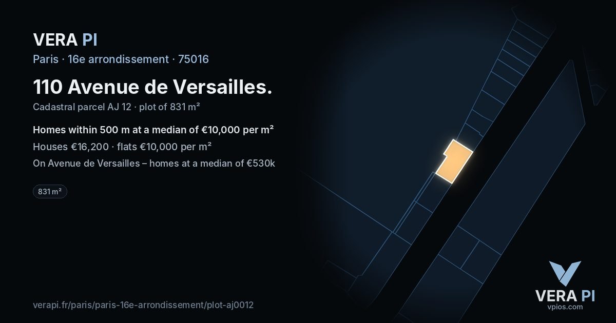 110 Avenue de Versailles, 16e arrondissement at night – the plot lit, the parcels around coloured by the prices near them