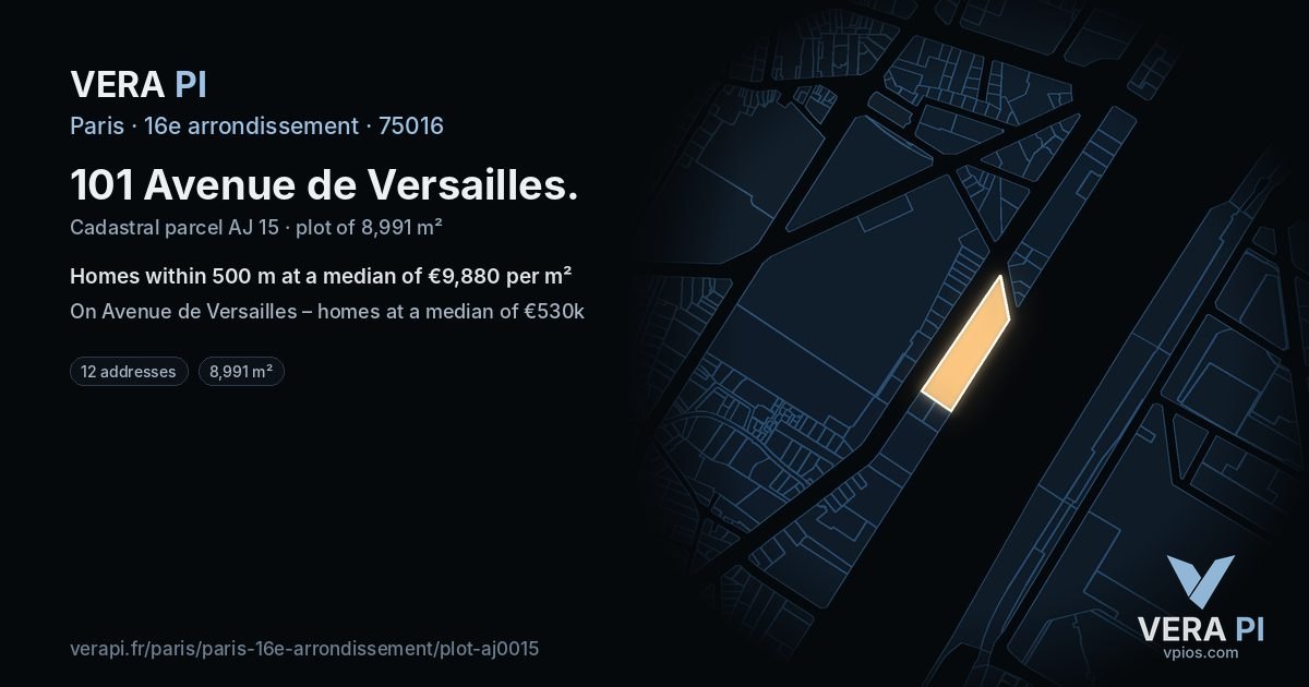 101 Avenue de Versailles, 16e arrondissement at night – the plot lit, the parcels around coloured by the prices near them
