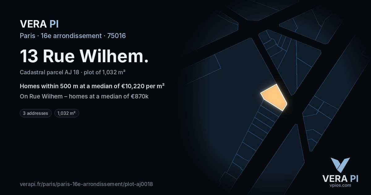13 Rue Wilhem, 16e arrondissement at night – the plot lit, the parcels around coloured by the prices near them