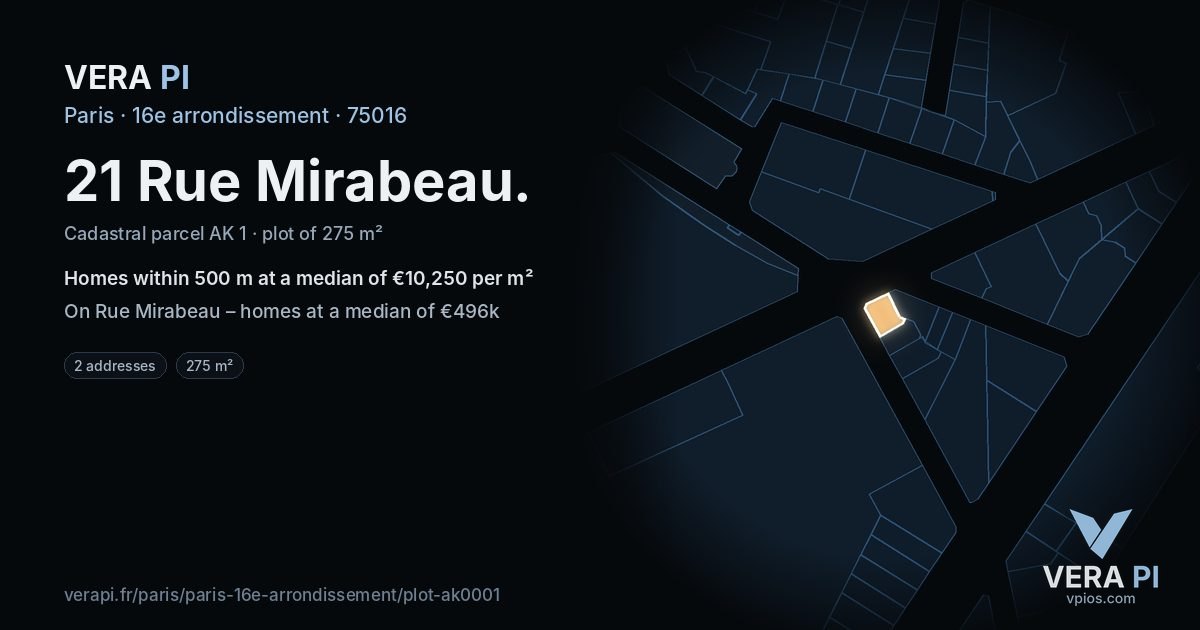 21 Rue Mirabeau, 16e arrondissement at night – the plot lit, the parcels around coloured by the prices near them