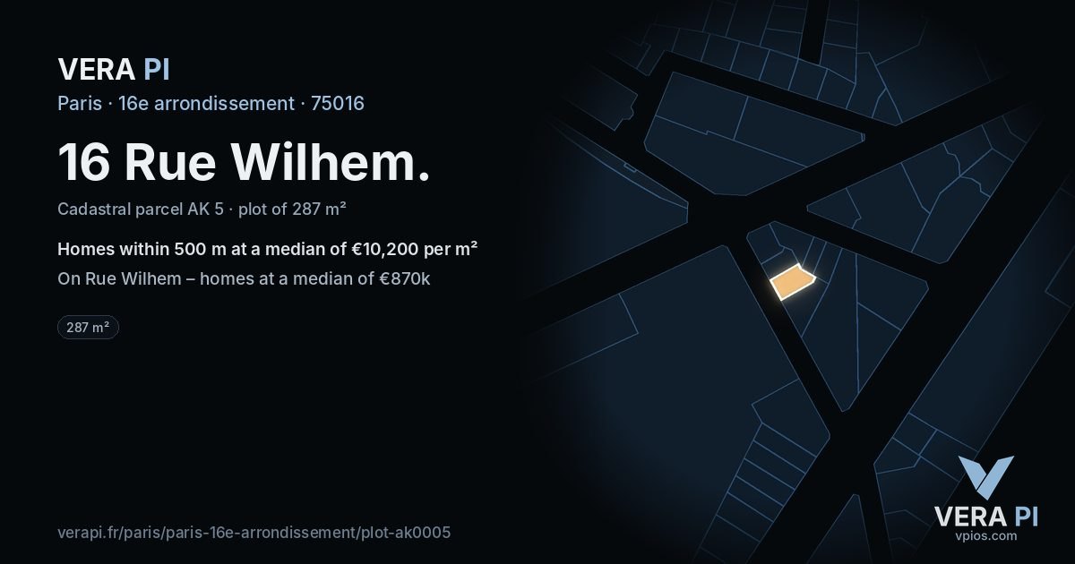 16 Rue Wilhem, 16e arrondissement at night – the plot lit, the parcels around coloured by the prices near them
