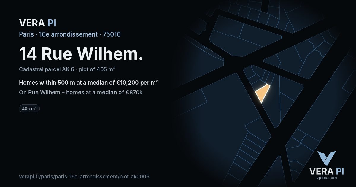 14 Rue Wilhem, 16e arrondissement at night – the plot lit, the parcels around coloured by the prices near them