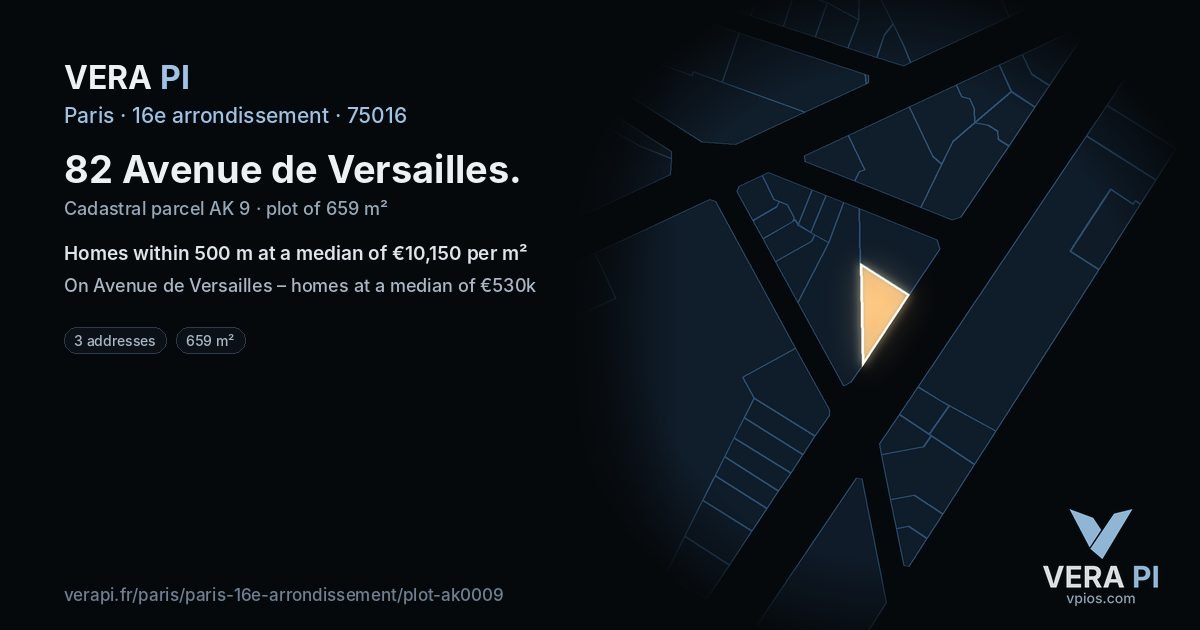 82 Avenue de Versailles, 16e arrondissement at night – the plot lit, the parcels around coloured by the prices near them