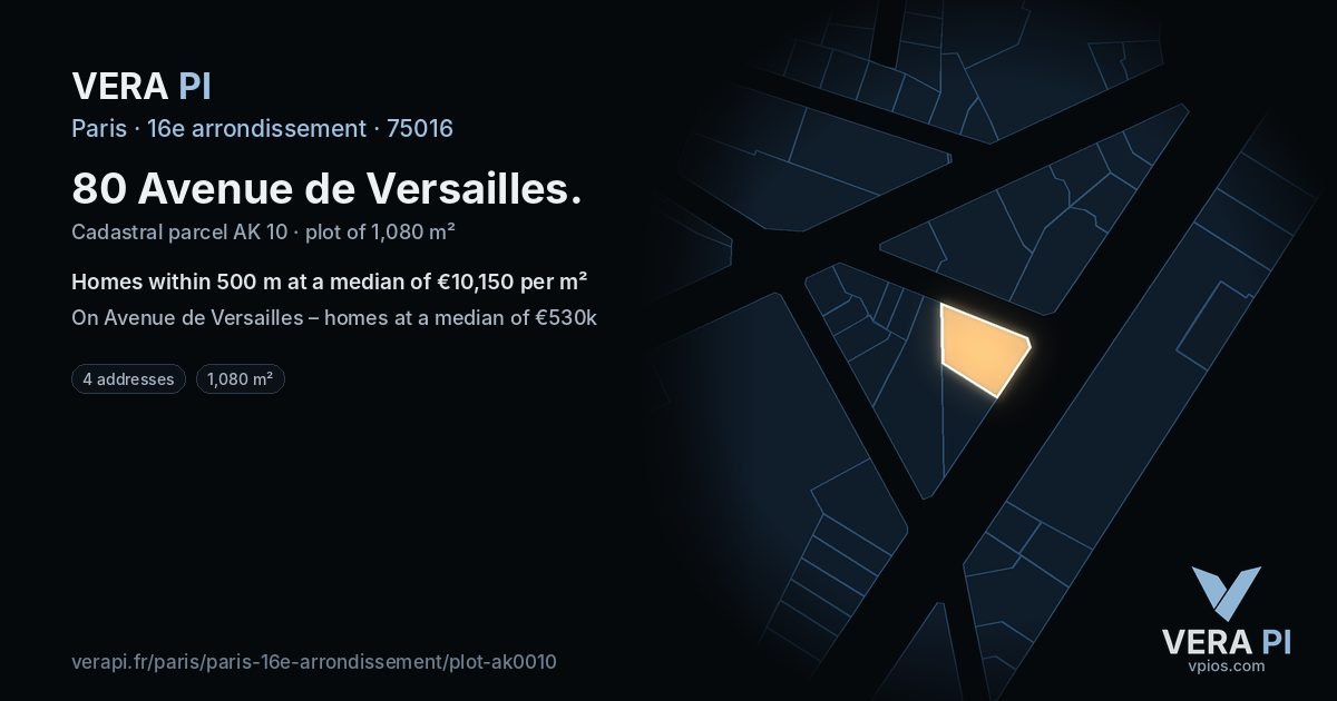 80 Avenue de Versailles, 16e arrondissement at night – the plot lit, the parcels around coloured by the prices near them
