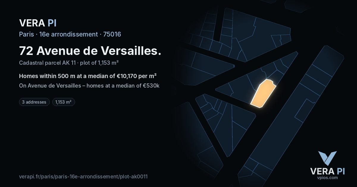 72 Avenue de Versailles, 16e arrondissement at night – the plot lit, the parcels around coloured by the prices near them