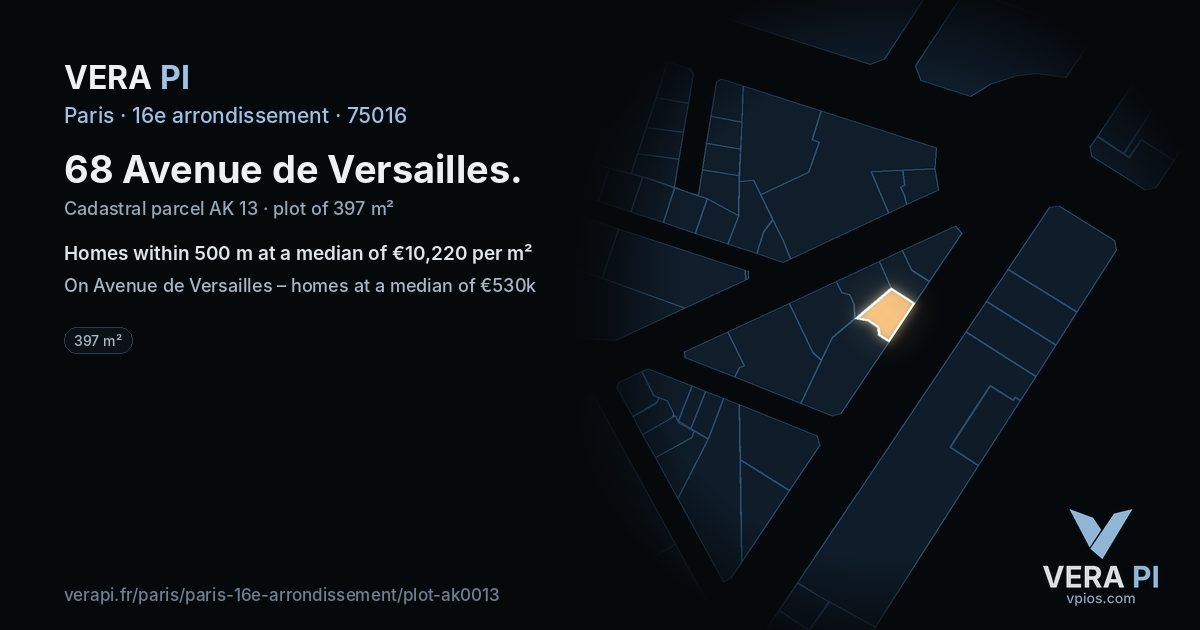 68 Avenue de Versailles, 16e arrondissement at night – the plot lit, the parcels around coloured by the prices near them