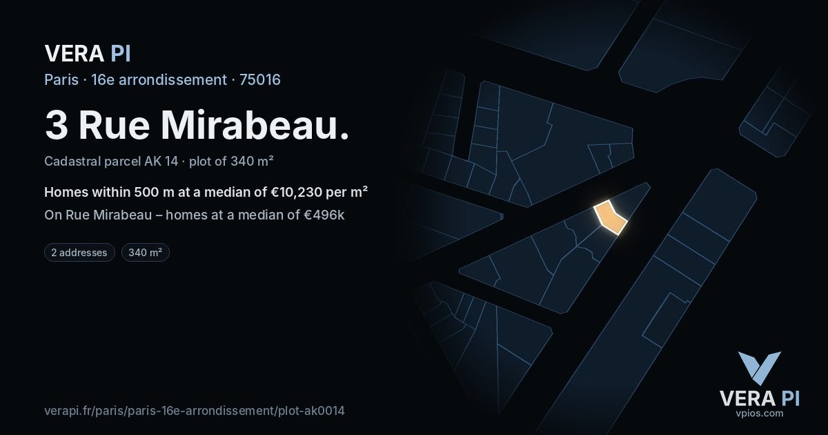 3 Rue Mirabeau, 16e arrondissement at night – the plot lit, the parcels around coloured by the prices near them