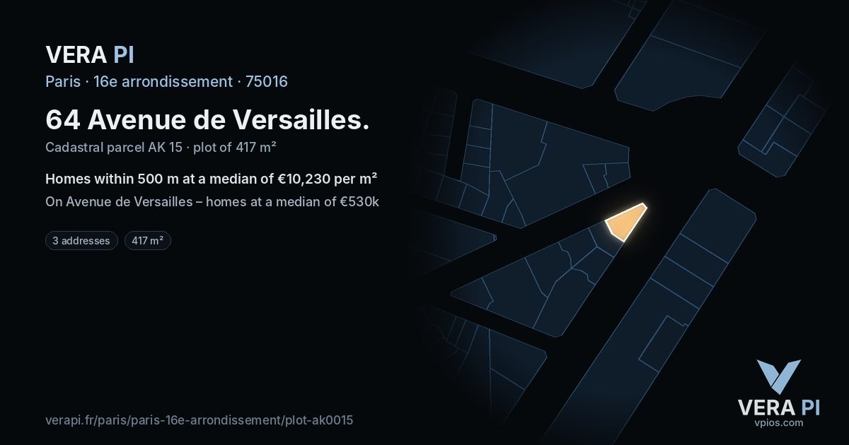 64 Avenue de Versailles, 16e arrondissement at night – the plot lit, the parcels around coloured by the prices near them