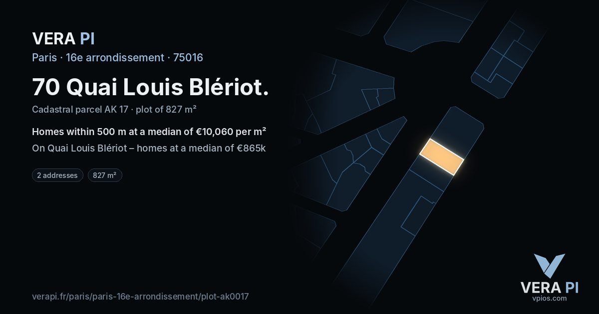 70 Quai Louis Blériot, 16e arrondissement at night – the plot lit, the parcels around coloured by the prices near them