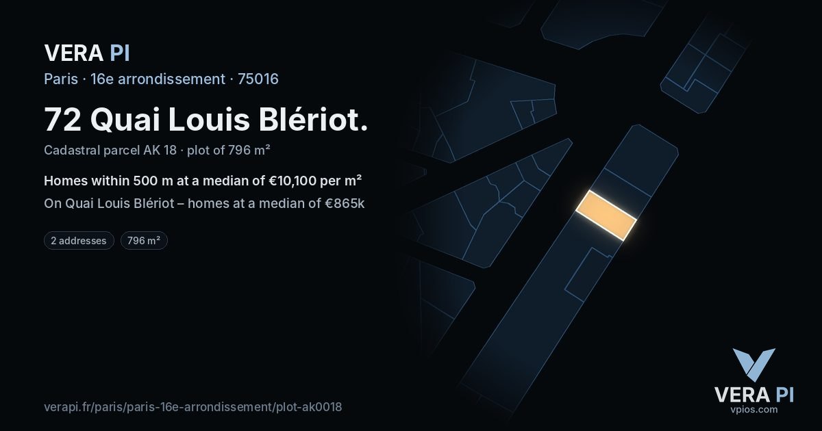 72 Quai Louis Blériot, 16e arrondissement at night – the plot lit, the parcels around coloured by the prices near them