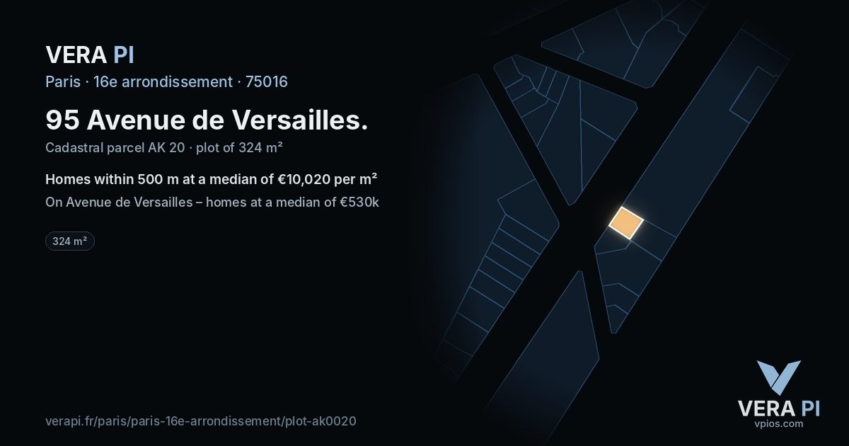 95 Avenue de Versailles, 16e arrondissement at night – the plot lit, the parcels around coloured by the prices near them