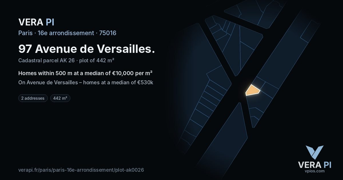 97 Avenue de Versailles, 16e arrondissement at night – the plot lit, the parcels around coloured by the prices near them