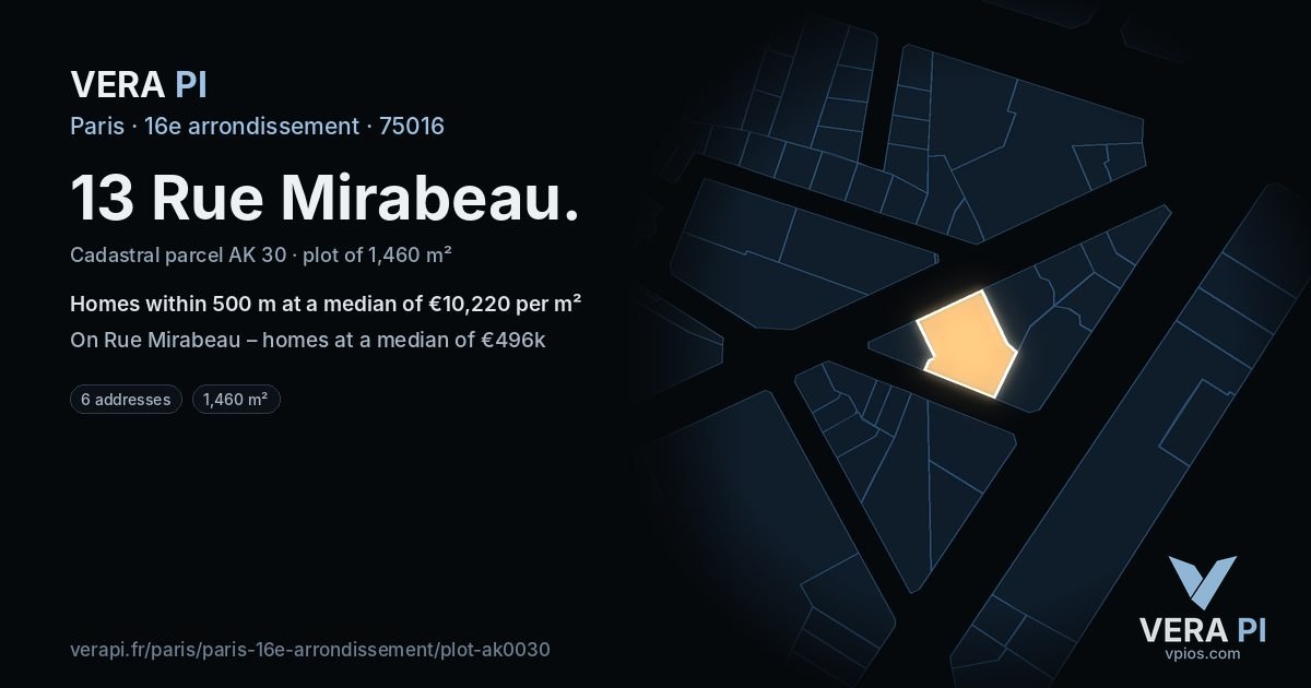 13 Rue Mirabeau, 16e arrondissement at night – the plot lit, the parcels around coloured by the prices near them