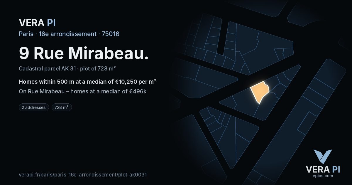 9 Rue Mirabeau, 16e arrondissement at night – the plot lit, the parcels around coloured by the prices near them
