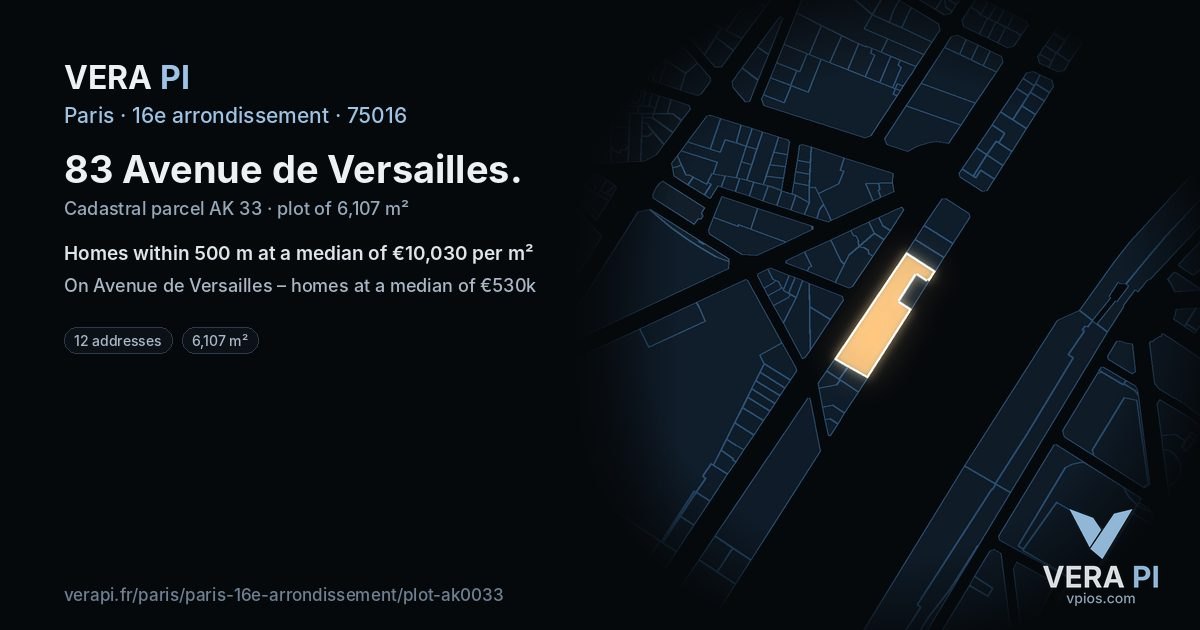 83 Avenue de Versailles, 16e arrondissement at night – the plot lit, the parcels around coloured by the prices near them
