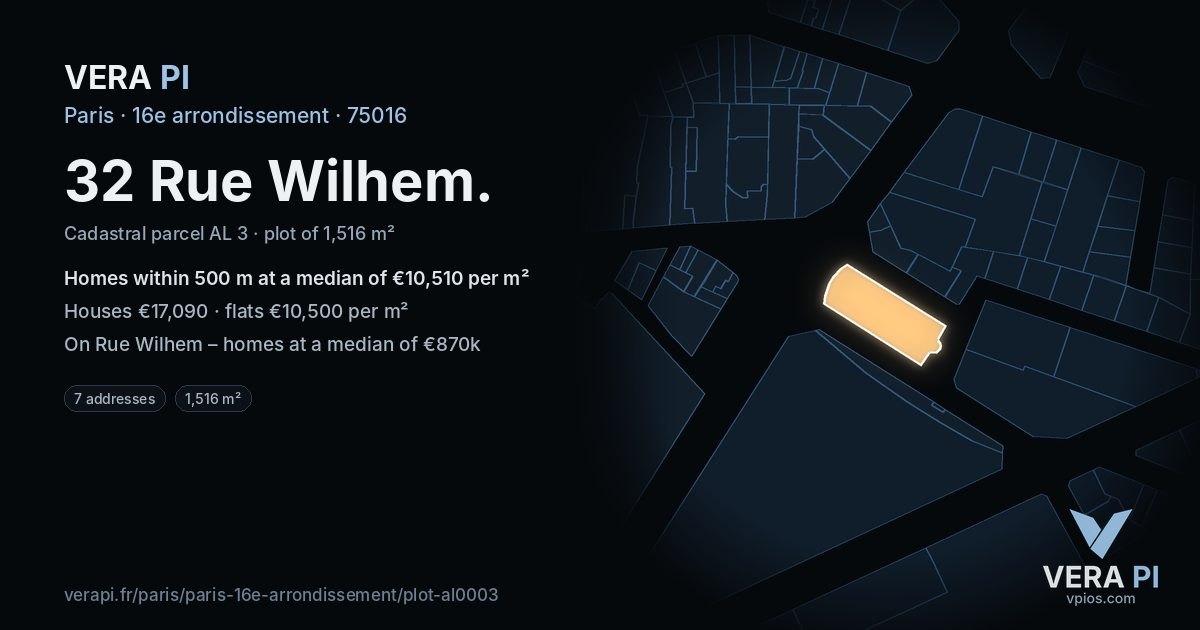 32 Rue Wilhem, 16e arrondissement at night – the plot lit, the parcels around coloured by the prices near them