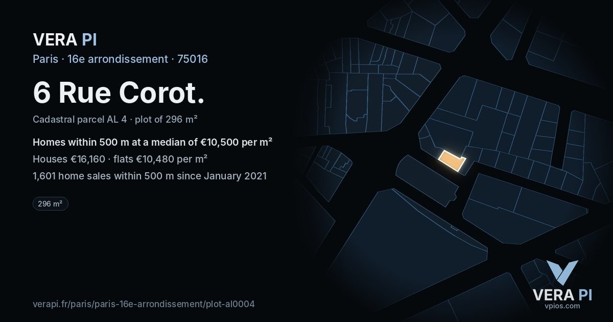 6 Rue Corot, 16e arrondissement at night – the plot lit, the parcels around coloured by the prices near them